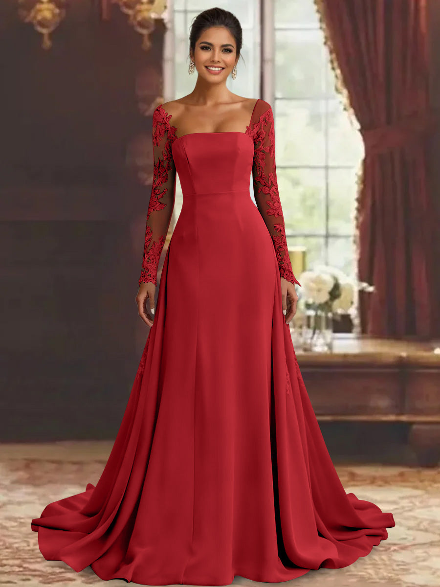 Robe mère de la mariée fourreau, manches longues, longueur sol, dentelle et appliques