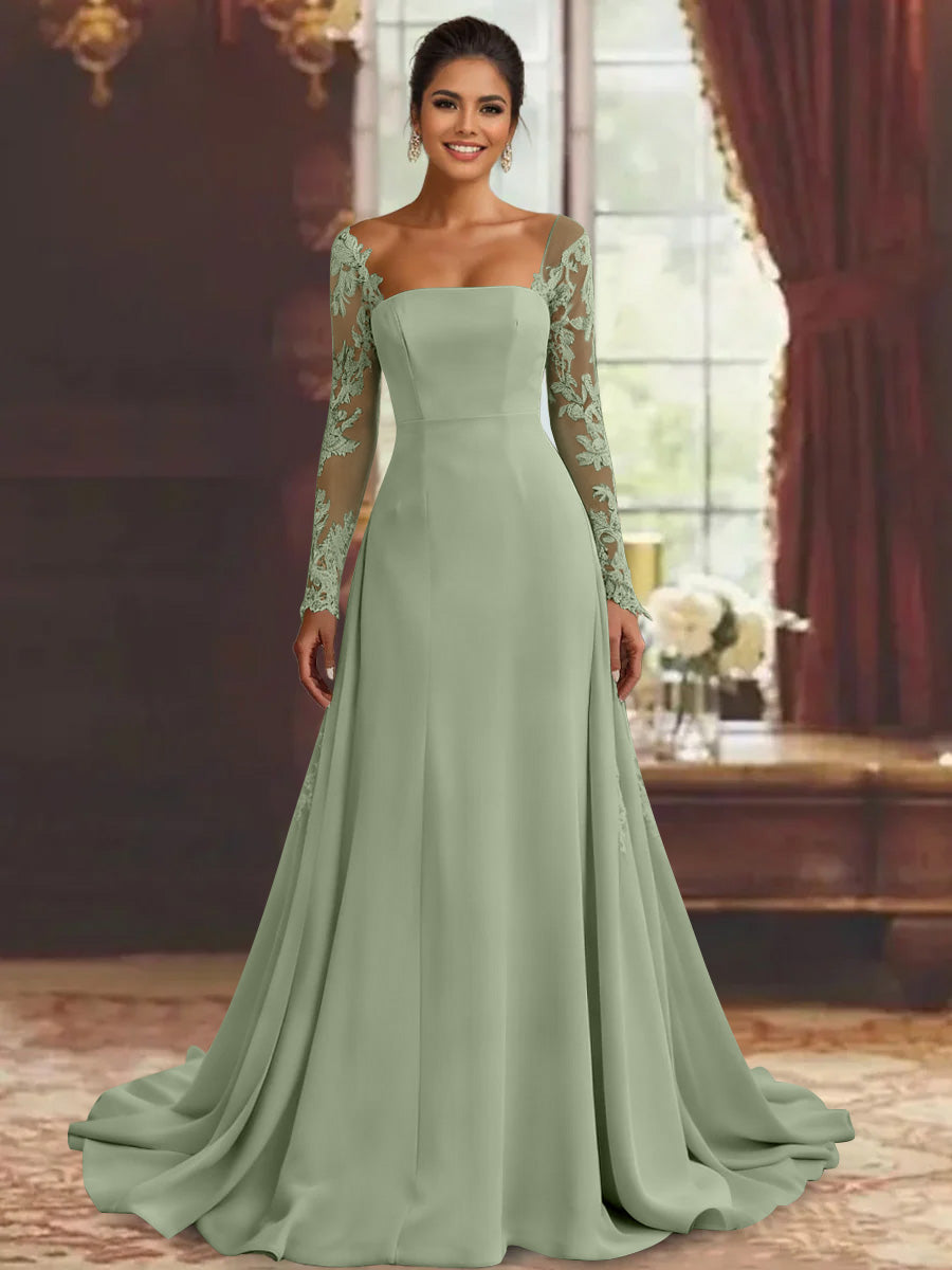 Robe mère de la mariée fourreau, manches longues, longueur sol, dentelle et appliques