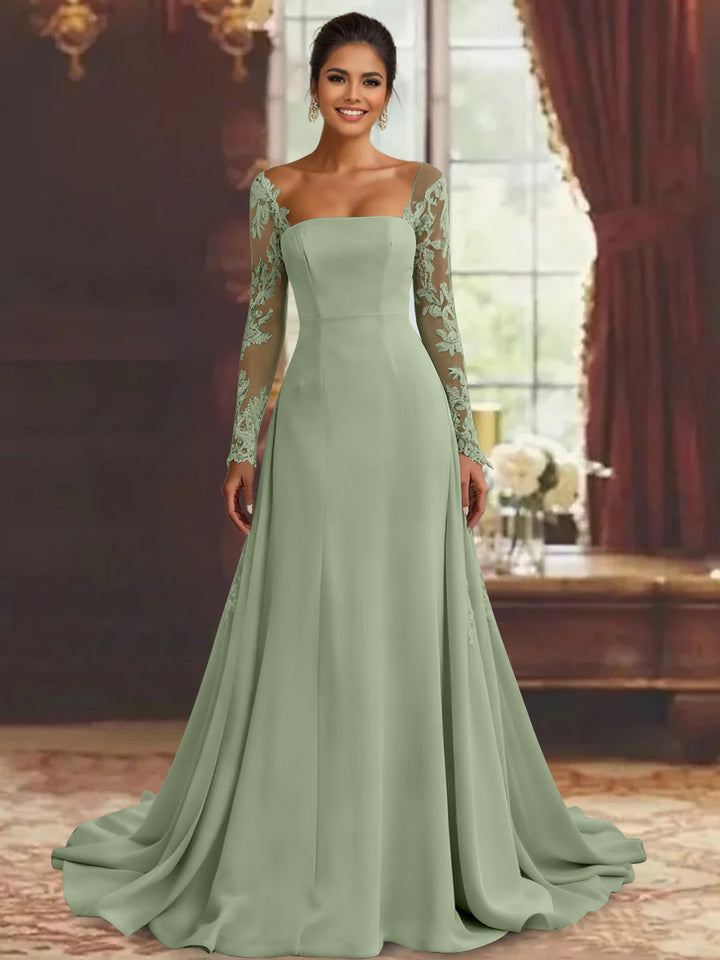 Robe mère de la mariée fourreau, manches longues, longueur sol, dentelle et appliques