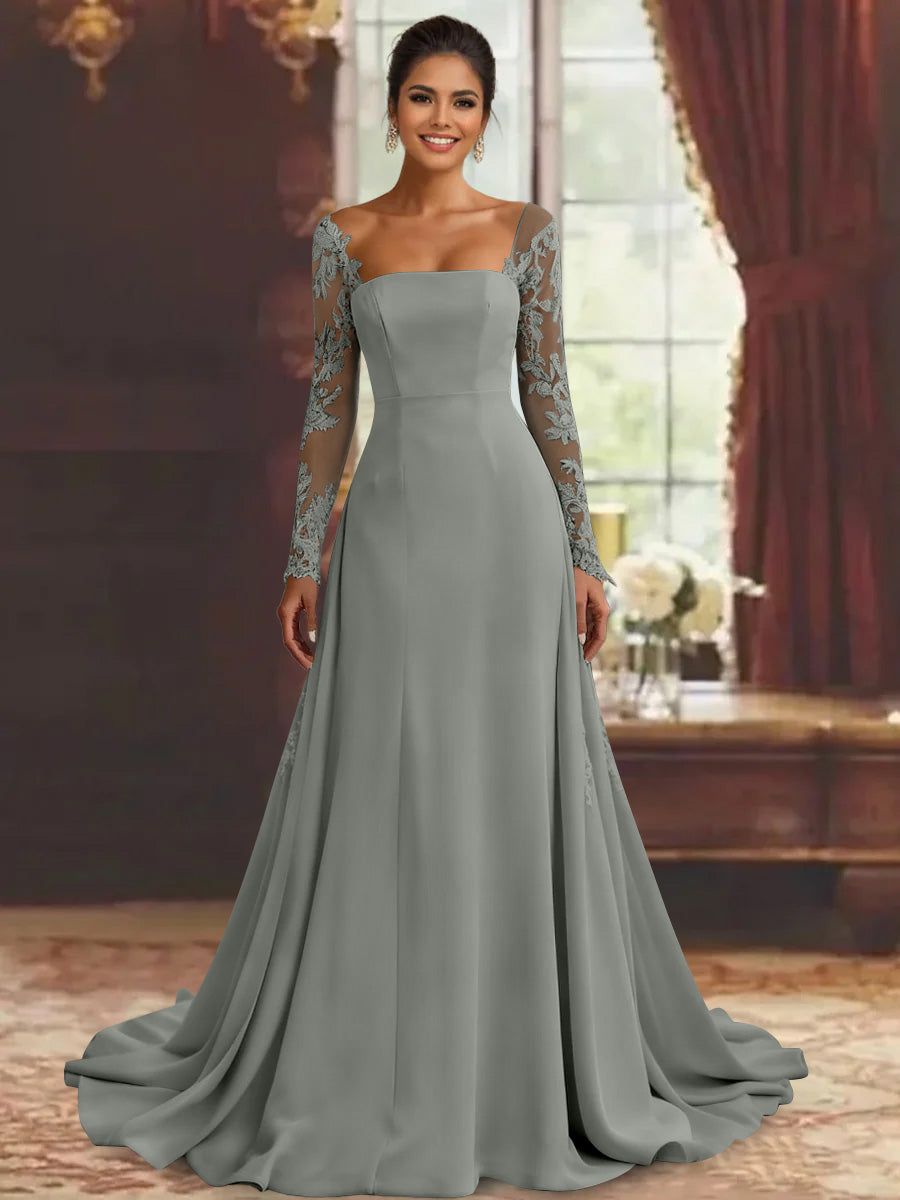 Robe mère de la mariée fourreau, manches longues, longueur sol, dentelle et appliques