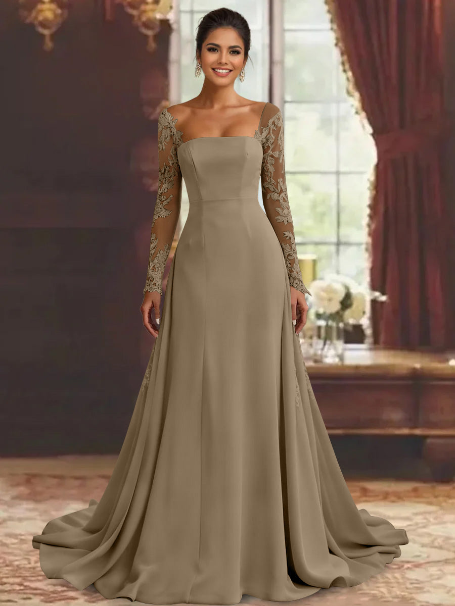 Robe mère de la mariée fourreau, manches longues, longueur sol, dentelle et appliques