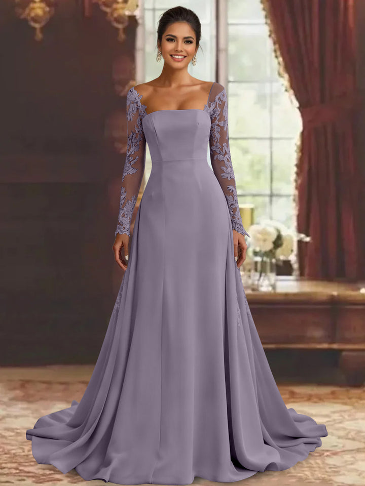 Robe mère de la mariée fourreau, manches longues, longueur sol, dentelle et appliques