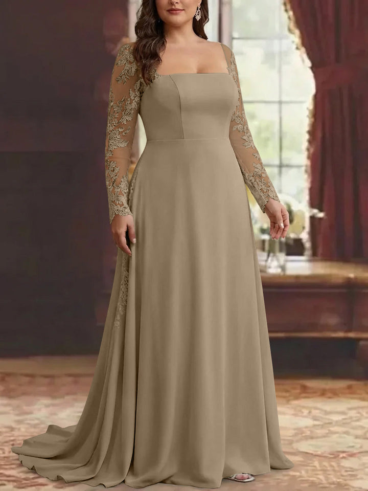 Robe mère de la mariée, taille plus, trompette/sirène, satin extensible, col carré, manches longues, longueur sol, appliques dentelle