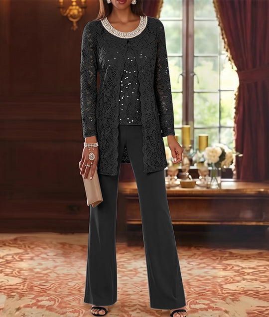 Ensemble pantalon 3 pièces mère de la mariée mousseline col ras du cou, veste dentelle, manches mi-longues, longueur cheville