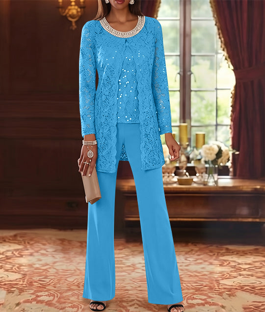 Ensemble pantalon 3 pièces mère de la mariée mousseline col ras du cou, veste dentelle, manches mi-longues, longueur cheville