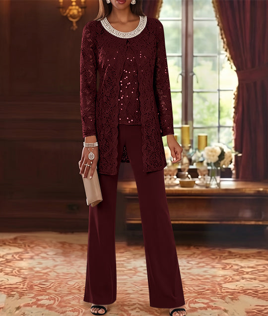 Ensemble pantalon 3 pièces mère de la mariée mousseline col ras du cou, veste dentelle, manches mi-longues, longueur cheville