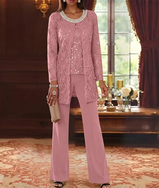 Ensemble pantalon 3 pièces mère de la mariée mousseline col ras du cou, veste dentelle, manches mi-longues, longueur cheville