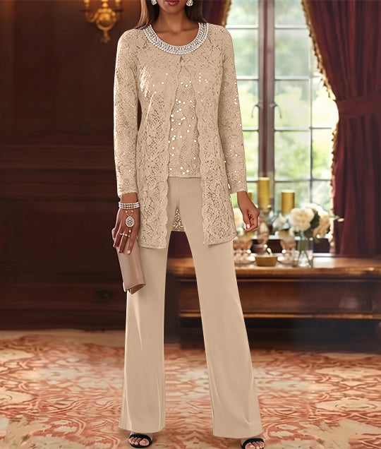 Ensemble pantalon 3 pièces mère de la mariée mousseline col ras du cou, veste dentelle, manches mi-longues, longueur cheville