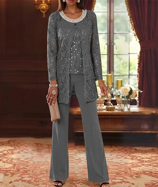 Ensemble pantalon 3 pièces mère de la mariée mousseline col ras du cou, veste dentelle, manches mi-longues, longueur cheville