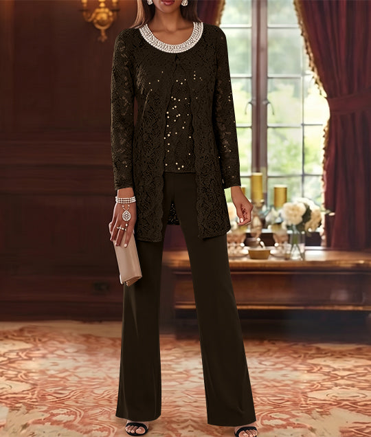 Ensemble pantalon 3 pièces mère de la mariée mousseline col ras du cou, veste dentelle, manches mi-longues, longueur cheville