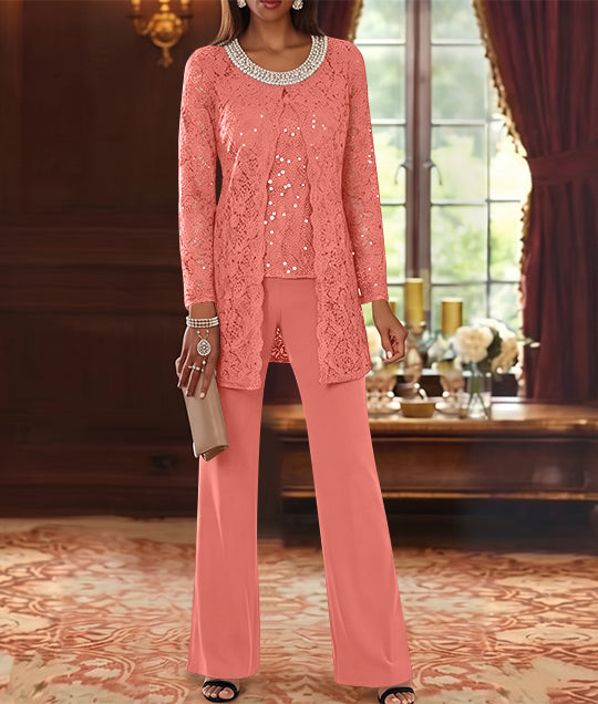 Ensemble pantalon 3 pièces mère de la mariée mousseline col ras du cou, veste dentelle, manches mi-longues, longueur cheville