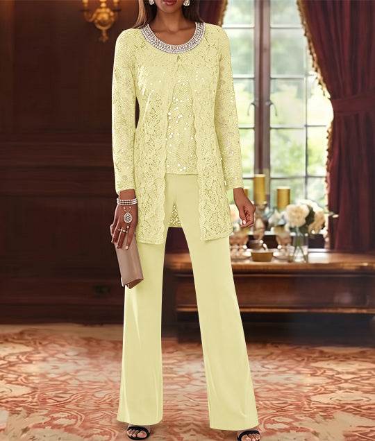 Ensemble pantalon 3 pièces mère de la mariée mousseline col ras du cou, veste dentelle, manches mi-longues, longueur cheville