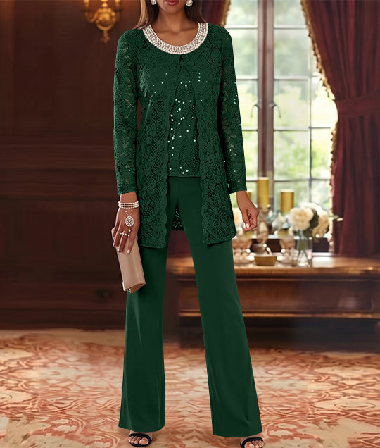 Ensemble pantalon 3 pièces mère de la mariée mousseline col ras du cou, veste dentelle, manches mi-longues, longueur cheville