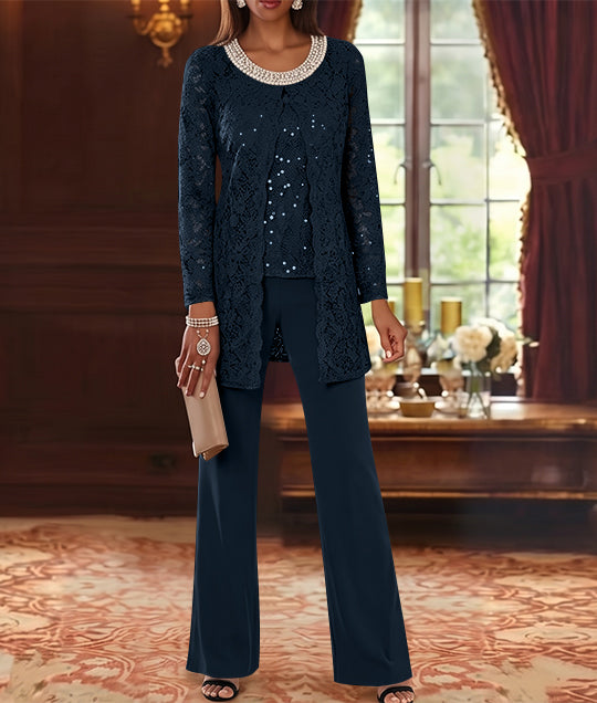 Ensemble pantalon 3 pièces mère de la mariée mousseline col ras du cou, veste dentelle, manches mi-longues, longueur cheville