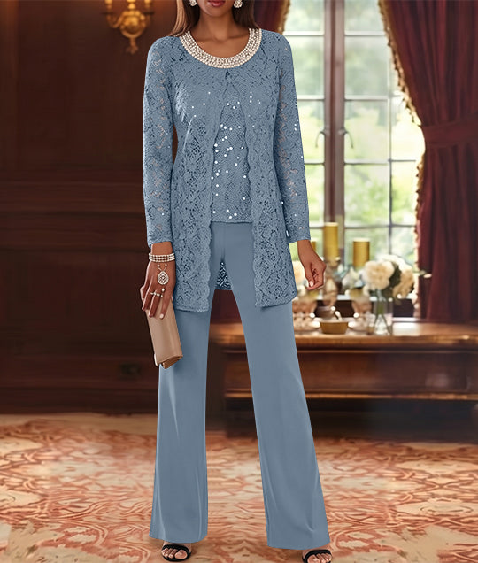Ensemble pantalon 3 pièces mère de la mariée mousseline col ras du cou, veste dentelle, manches mi-longues, longueur cheville