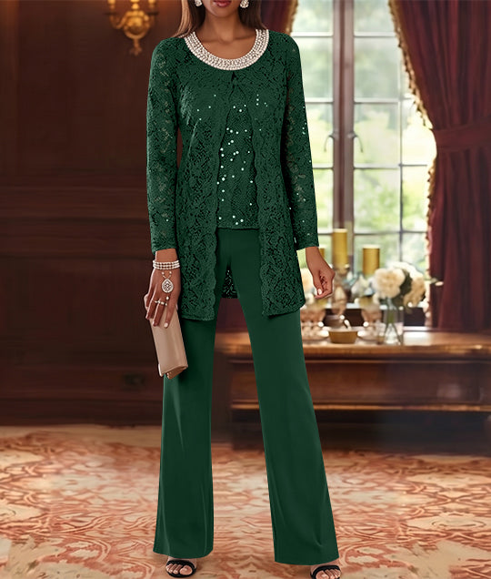 Ensemble pantalon 3 pièces mère de la mariée mousseline col ras du cou, veste dentelle, manches mi-longues, longueur cheville