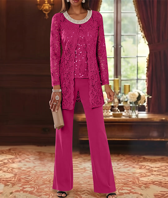 Ensemble pantalon 3 pièces mère de la mariée mousseline col ras du cou, veste dentelle, manches mi-longues, longueur cheville