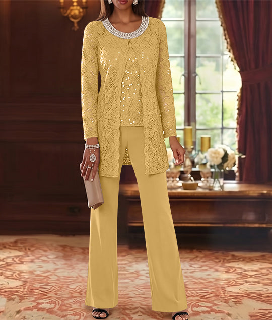 Ensemble pantalon 3 pièces mère de la mariée mousseline col ras du cou, veste dentelle, manches mi-longues, longueur cheville
