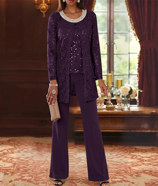Ensemble pantalon 3 pièces mère de la mariée mousseline col ras du cou, veste dentelle, manches mi-longues, longueur cheville