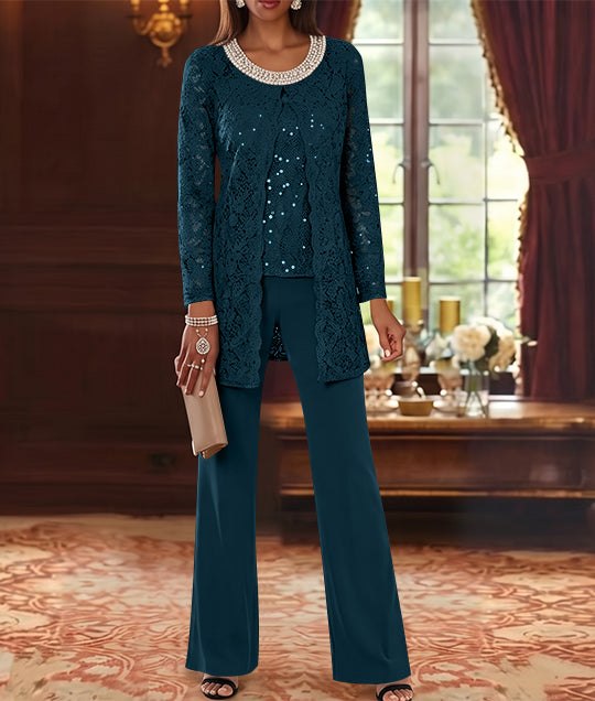 Ensemble pantalon 3 pièces mère de la mariée mousseline col ras du cou, veste dentelle, manches mi-longues, longueur cheville