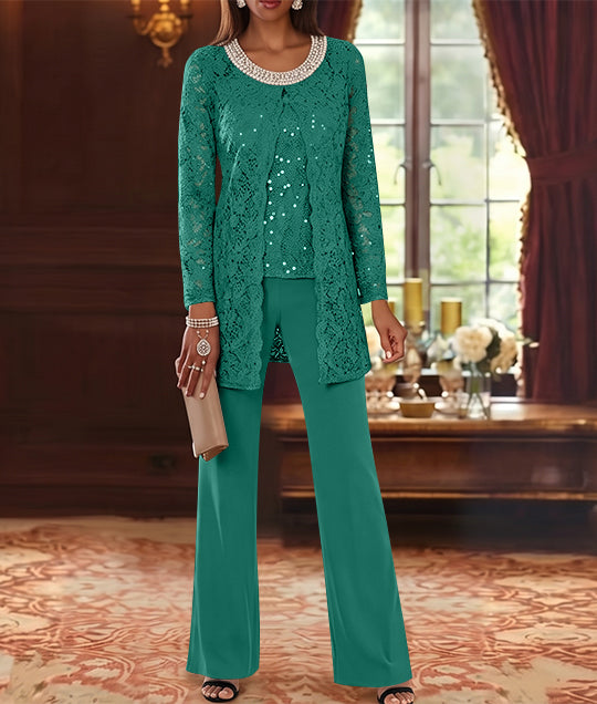 Ensemble pantalon 3 pièces mère de la mariée mousseline col ras du cou, veste dentelle, manches mi-longues, longueur cheville