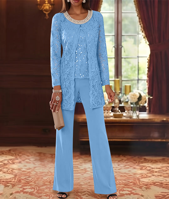 Ensemble pantalon 3 pièces mère de la mariée mousseline col ras du cou, veste dentelle, manches mi-longues, longueur cheville