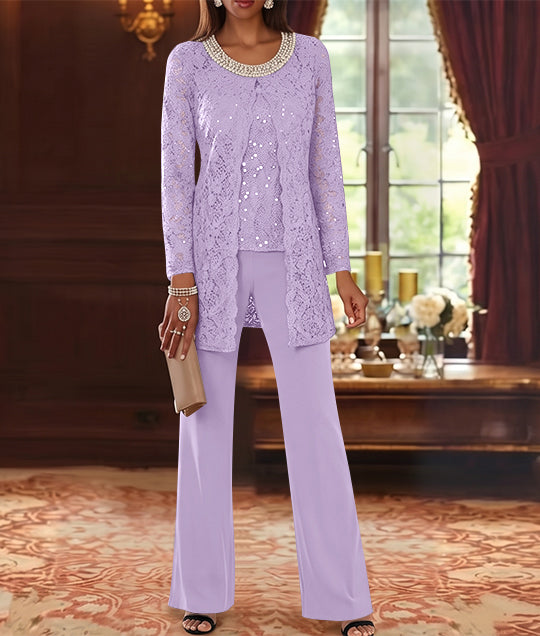 Ensemble pantalon 3 pièces mère de la mariée mousseline col ras du cou, veste dentelle, manches mi-longues, longueur cheville