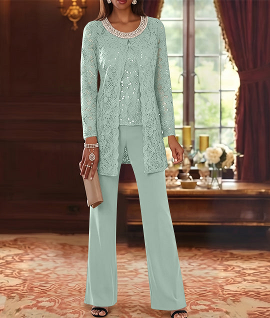 Ensemble pantalon 3 pièces mère de la mariée mousseline col ras du cou, veste dentelle, manches mi-longues, longueur cheville