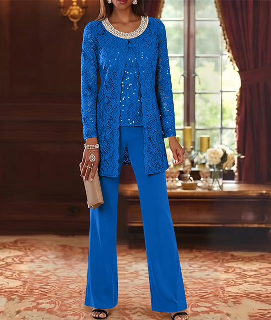 Ensemble pantalon 3 pièces mère de la mariée mousseline col ras du cou, veste dentelle, manches mi-longues, longueur cheville