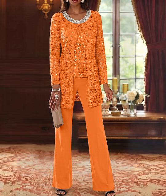 Ensemble pantalon 3 pièces mère de la mariée mousseline col ras du cou, veste dentelle, manches mi-longues, longueur cheville