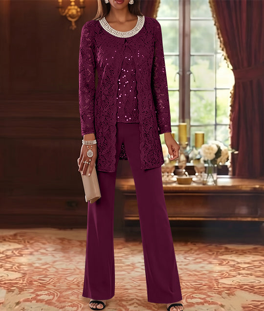 Ensemble pantalon 3 pièces mère de la mariée mousseline col ras du cou, veste dentelle, manches mi-longues, longueur cheville