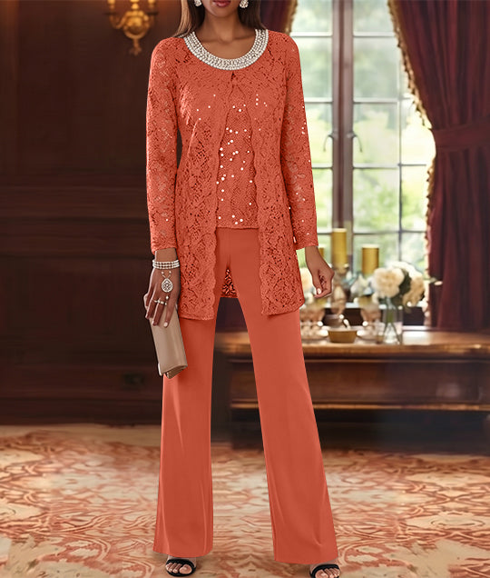 Ensemble pantalon 3 pièces mère de la mariée mousseline col ras du cou, veste dentelle, manches mi-longues, longueur cheville