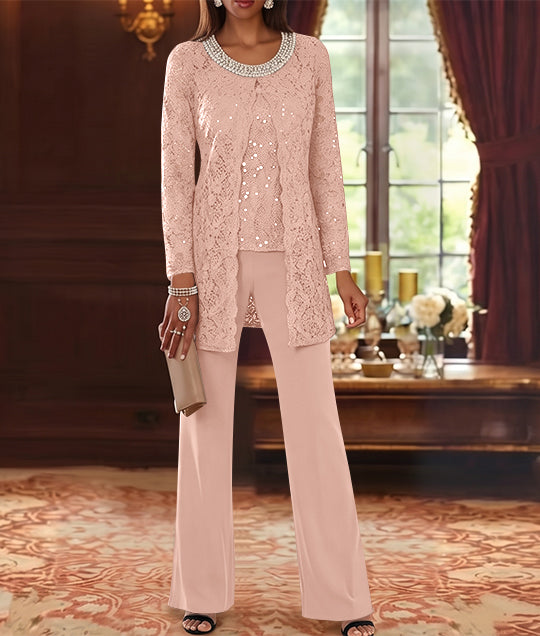 Ensemble pantalon 3 pièces mère de la mariée mousseline col ras du cou, veste dentelle, manches mi-longues, longueur cheville