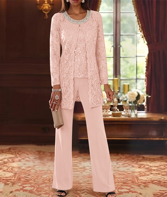 Ensemble pantalon 3 pièces mère de la mariée mousseline col ras du cou, veste dentelle, manches mi-longues, longueur cheville