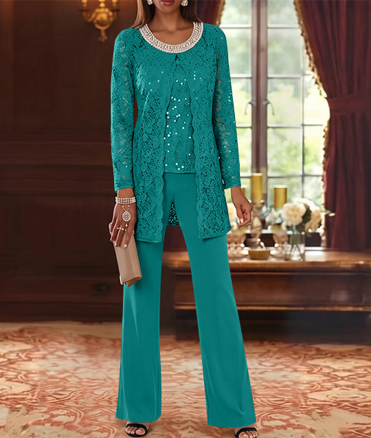 Ensemble pantalon 3 pièces mère de la mariée mousseline col ras du cou, veste dentelle, manches mi-longues, longueur cheville