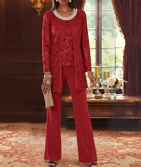 Ensemble pantalon 3 pièces mère de la mariée mousseline col ras du cou, veste dentelle, manches mi-longues, longueur cheville