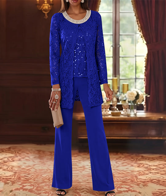 Ensemble pantalon 3 pièces mère de la mariée mousseline col ras du cou, veste dentelle, manches mi-longues, longueur cheville