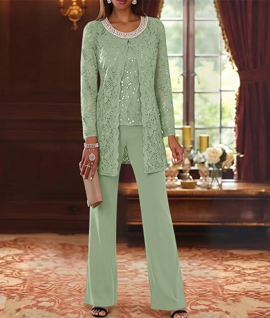 Ensemble pantalon 3 pièces mère de la mariée mousseline col ras du cou, veste dentelle, manches mi-longues, longueur cheville