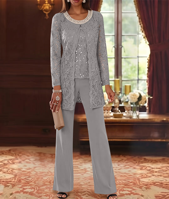 Ensemble pantalon 3 pièces mère de la mariée mousseline col ras du cou, veste dentelle, manches mi-longues, longueur cheville