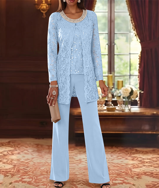 Ensemble pantalon 3 pièces mère de la mariée mousseline col ras du cou, veste dentelle, manches mi-longues, longueur cheville