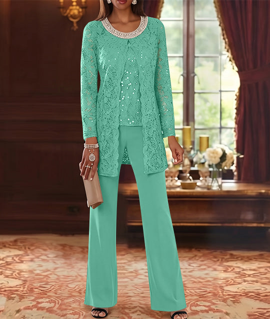 Ensemble pantalon 3 pièces mère de la mariée mousseline col ras du cou, veste dentelle, manches mi-longues, longueur cheville