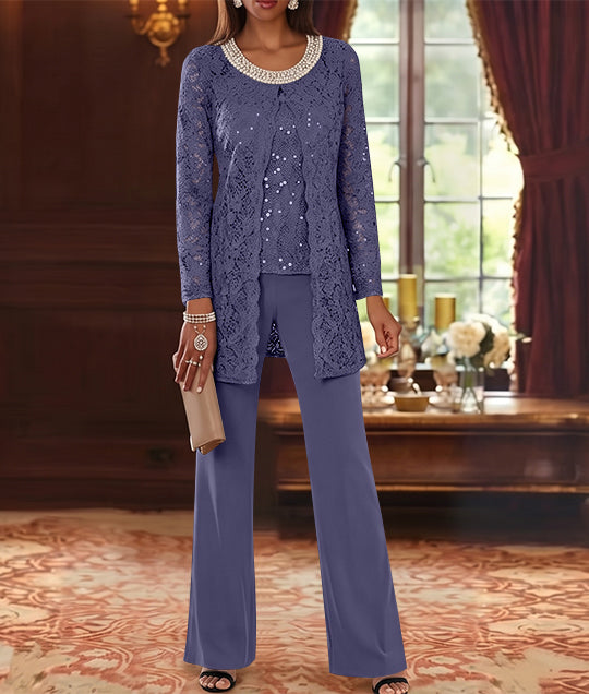 Ensemble pantalon 3 pièces mère de la mariée mousseline col ras du cou, veste dentelle, manches mi-longues, longueur cheville
