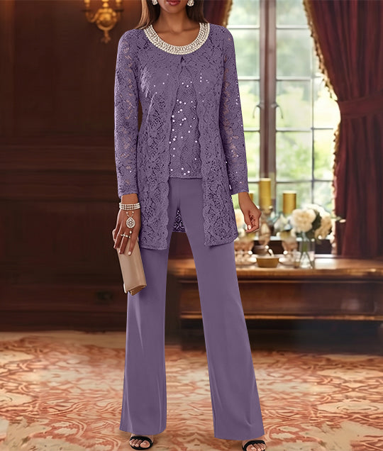 Ensemble pantalon 3 pièces mère de la mariée mousseline col ras du cou, veste dentelle, manches mi-longues, longueur cheville