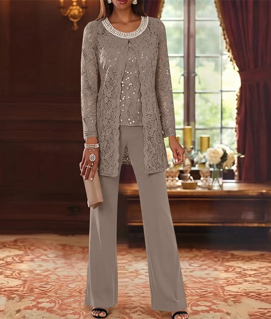 Ensemble pantalon 3 pièces mère de la mariée mousseline col ras du cou, veste dentelle, manches mi-longues, longueur cheville