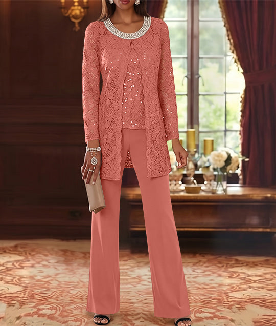 Ensemble pantalon 3 pièces mère de la mariée mousseline col ras du cou, veste dentelle, manches mi-longues, longueur cheville