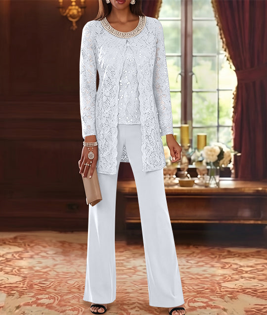 Ensemble pantalon 3 pièces mère de la mariée mousseline col ras du cou, veste dentelle, manches mi-longues, longueur cheville