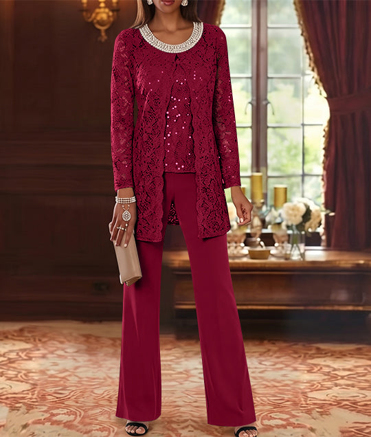 Ensemble pantalon 3 pièces mère de la mariée mousseline col ras du cou, veste dentelle, manches mi-longues, longueur cheville