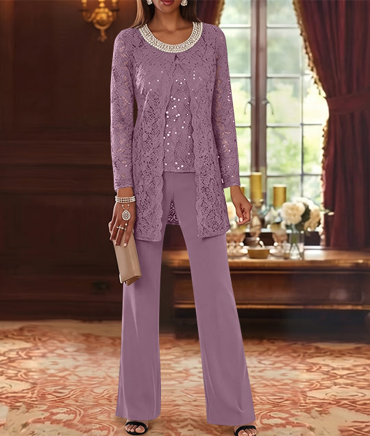 Ensemble pantalon 3 pièces mère de la mariée mousseline col ras du cou, veste dentelle, manches mi-longues, longueur cheville