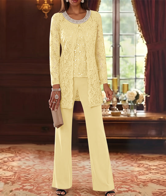 Ensemble pantalon 3 pièces mère de la mariée mousseline col ras du cou, veste dentelle, manches mi-longues, longueur cheville