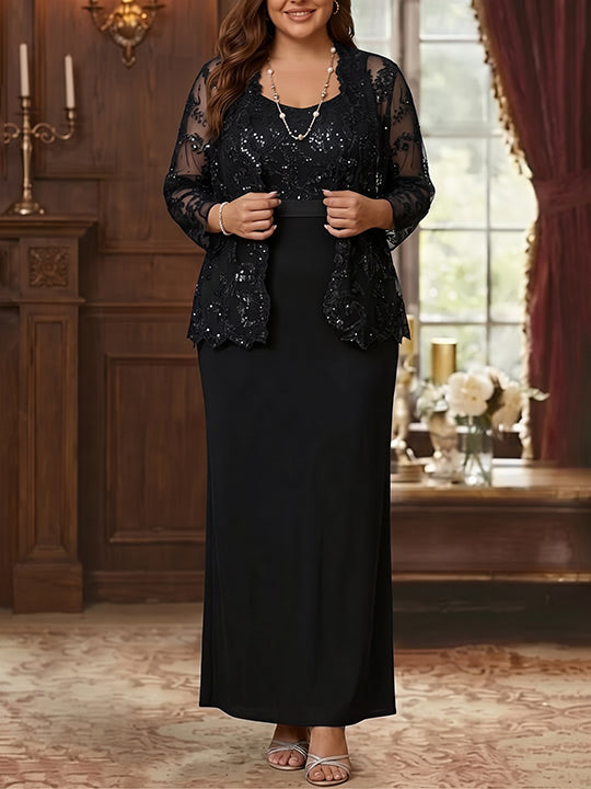 Robe Mère de la Mariée, Grande Taille, Gaine/Colonne, Col Rond, Manches Longues, Longueur de la Cheville, Mousseline, en Dentelle avec Veste